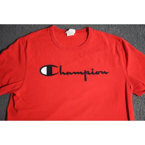 Vintage Champion T-Shirt Mens M Red Crew Neck Spell Out Logo Embroidered Cotton - Picture 2 of 9